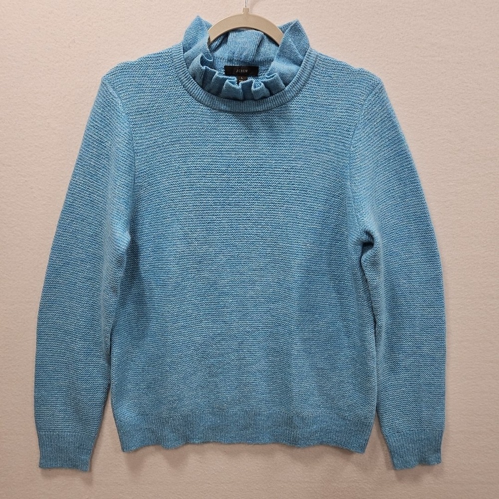 J Crew Ruffle Neck Alpaca Blend Largeβ Blue Soft Knit Pullover Sweater AT815